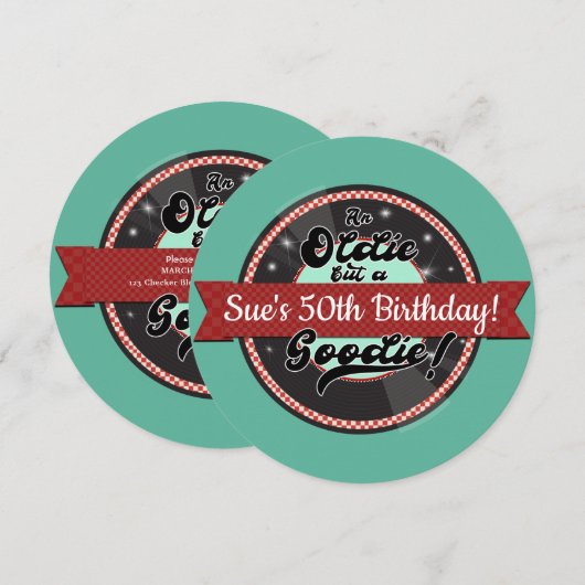 レトロ レコード リボン 50年代 誕生日パーティー 招待状 (正面/裏面)