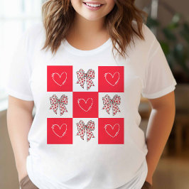 レトロ レッド コケット リボン ハート チェック Tシャツ