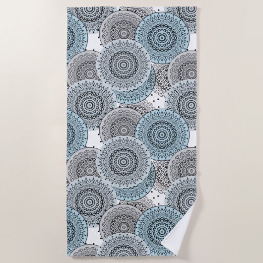 レトロ、レトロな柄、青と灰色エレガント、 ビーチタオル (正面)