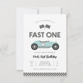 レトロ・レースカー・ファストワン 1歳の誕生日 招待状