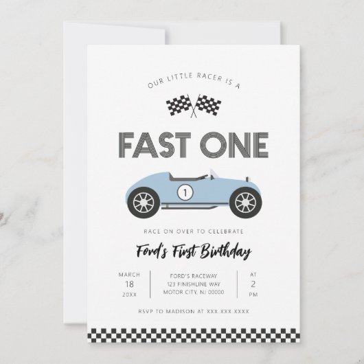 レトロ・レースカー・ファストワン 1歳の誕生日 招待状 (正面)