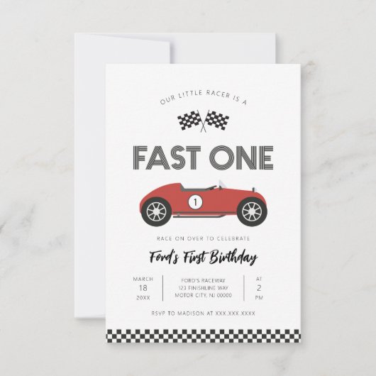 レトロ・レースカー・ファストワン 1歳の誕生日 招待状 (正面)