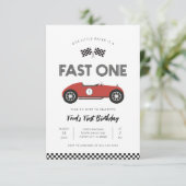 レトロ・レースカー・ファストワン 1歳の誕生日 招待状 (スタンド正面)