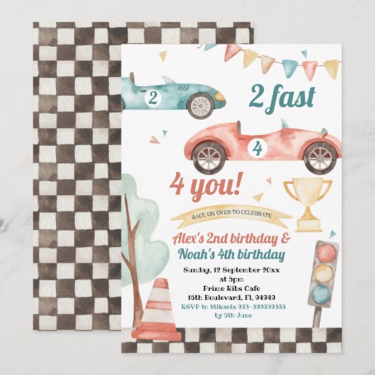 レトロ レース カー 兄弟 男の子 誕生日 招待状 (正面/裏面)