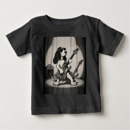 レトロ・ロックスターバセットハウンド・ギタリスト・モノクローム ベビーTシャツ