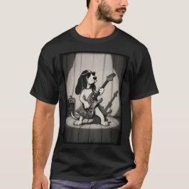 レトロ・ロックスターバセットハウンド・ギタリスト・モノクローム Tシャツ