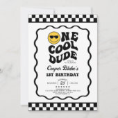 レトロ ワン クール デュード ボーイ ファースト 1歳 誕生日 招待状 (正面)
