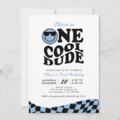 レトロ ワン クール デュード 青いスマイルフェイス 1歳の誕生日 招待状 (正面)