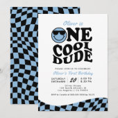 レトロ ワン クール デュード 青いスマイルフェイス 1歳の誕生日 招待状 (正面/裏面)