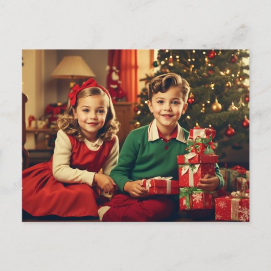 レトロ、ヴィンテージの子どもたち（クリスマスプレゼントあり） シーズンポストカード (正面)