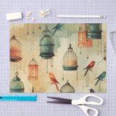 レトロ ヴィンテージスタイルの鳥かご と 鳥のデコパージュ 薄葉紙 (クラフト)