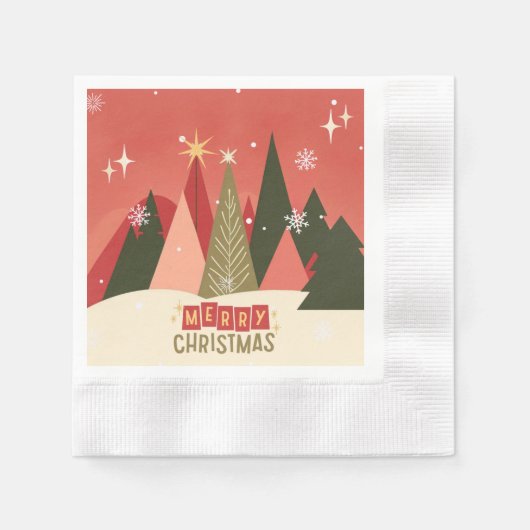 レトロ/ヴィンテージメリークリスマスツリー 縁ありカクテルナプキン (正面)