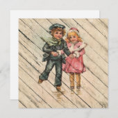 レトロ |ヴィンテージ冬の子どもたちが氷の上でスケート シーズンカード (正面/裏面)