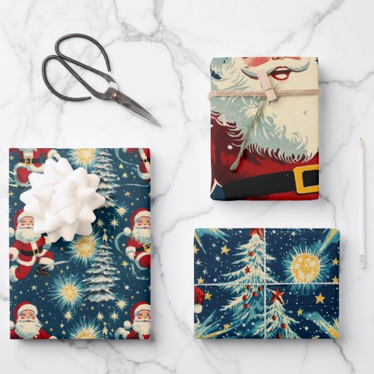 レトロ ヴィンテージ クリスマス：サンタの星空の夜 ラッピングペーパーシート (正面)