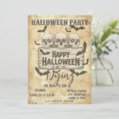 レトロ ヴィンテージ ゴシック スカル ハロウィンパーティー招待状 招待状 (スタンド正面)