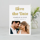 レトロ ヴィンテージ スクリプト &2 フォト ミニマル ウェディング リアル 箔招待状 (立ち正面)