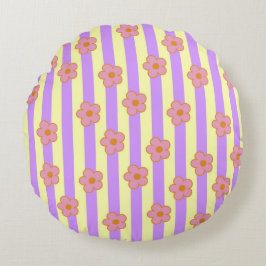 レトロ ヴィンテージ パープル ストライプ フラワーパターン ラウンドクッション
