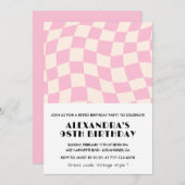 レトロ ヴィンテージ ピンク チェック 98歳の誕生日 招待状 (正面/裏面)
