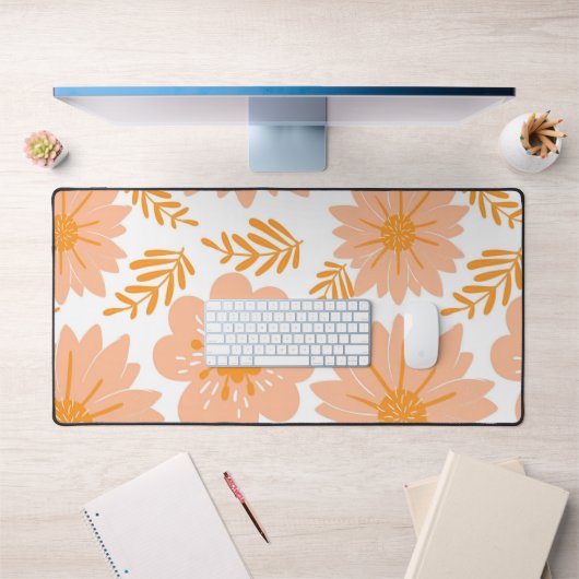 レトロ ヴィンテージ ピーチファズ オレンジ 花柄 デスクマット (オフィス1)