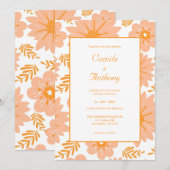 レトロ ヴィンテージ ピーチファズ オレンジ 花柄 招待状 (正面/裏面)