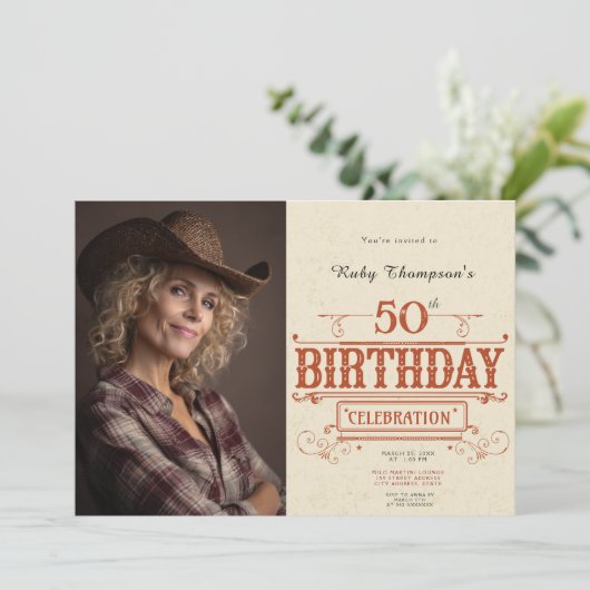 レトロ ヴィンテージ フォト 50歳の誕生日招待状 招待状 (スタンド正面)