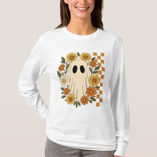 レトロ ヴィンテージ フラワー 幽霊 ハロウィン Tシャツ (正面)