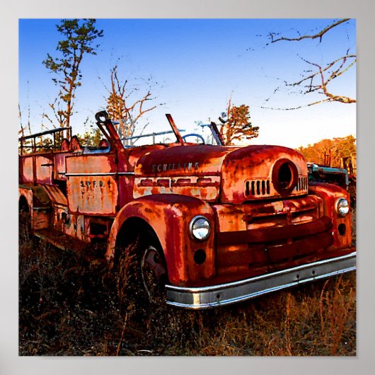 レトロ、ヴィンテージ、Junkyard Firetruck in Field ポスター (正面)