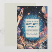 レトロ ヴィンテージ SF 宇宙探検家 誕生日 招待状 (正面/裏面)