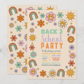 レトロ 学校に戻ろう バス パーティー 花 70年代風 招待状 (正面/裏面)