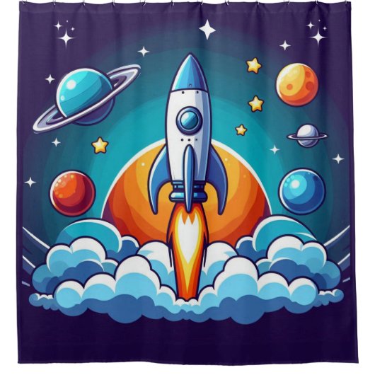 レトロ、宇宙用ロケット シャワーカーテン (正面)