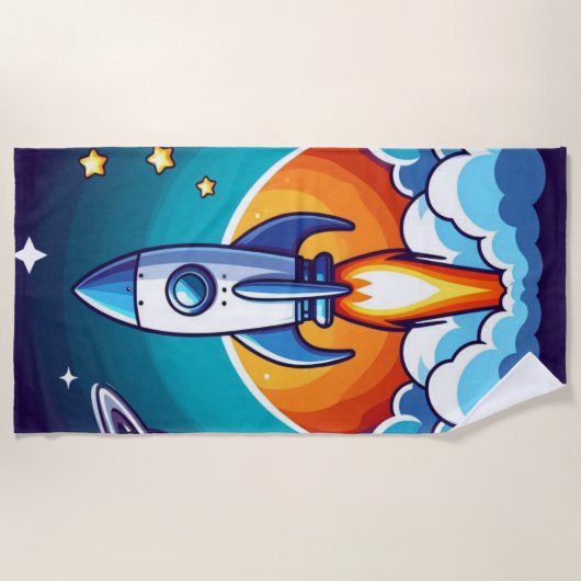 レトロ、宇宙用ロケット ビーチタオル (正面)