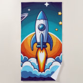 レトロ、宇宙用ロケット ビーチタオル (正面)