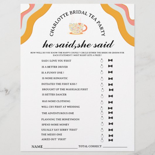 レトロ 彼が言った 彼女が言った ブライダル ティーパーティー ゲーム チラシ (正面)