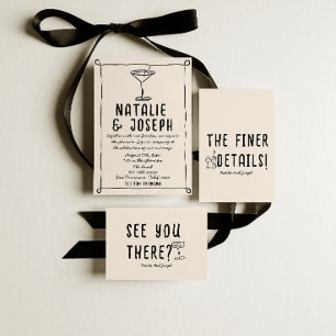 レトロ 手描き おしゃれ ハンドドローンワイン クィアウェディング 招待状