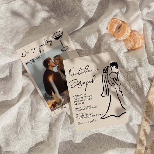 レトロ 手描き ふたりの写真 ウェディング 招待状