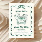 レトロ 手描き サージュグリーン ユニークなリボン ウェディングカー セーブザデート