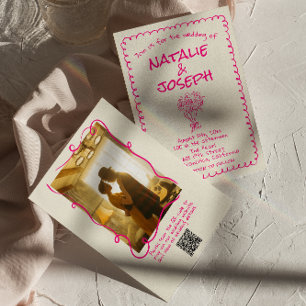 レトロ 手描き ビビッドピンク フォト QRコード ウェディング 招待状