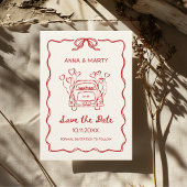 レトロ 手描き 赤 ユニークな リボン ウェディング カー セーブザデート