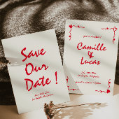 レトロ 手書き ファンシー 赤い セーブ・ザ・デート 招待状