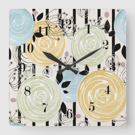 レトロ,抽象芸術の花 スクエア壁時計 (正面)