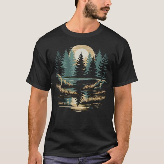 レトロ 森の野生動物 木々 アウトドア 自然 Tシャツ (正面)