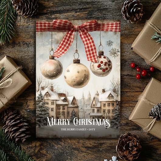 レトロ 水彩画風の落ち着いた色合いのクリスマスシーン シーズンカード