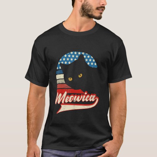レトロ 猫 アメリカ 国旗 メン アメリカン 4th July Tシャツ (正面)