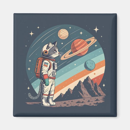 レトロ 猫 宇宙飛行士 コズミック スペース イラスト マグネット (正面)