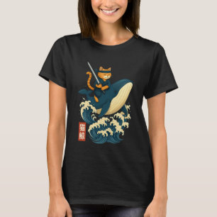 レトロ 猫 忍者 鯨に乗る 日本の浮世絵 サムライ Tシャツ