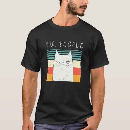 レトロ 猫 Ew People ニャー 猫 キティ Ew People 黒 Tシャツ (正面)