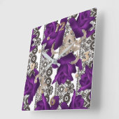 レトロ、紫のバラ スクエア壁時計 (傾斜)