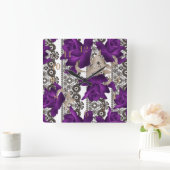 レトロ、紫色のバラ スクエア壁時計 (ホーム)