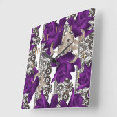 レトロ、紫色のバラ スクエア壁時計 (傾斜)