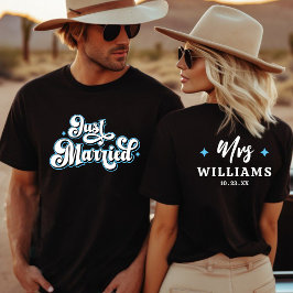 レトロ 結婚しました ミスター＆ミセス ブルー ブラック＆ホワイト Tシャツ